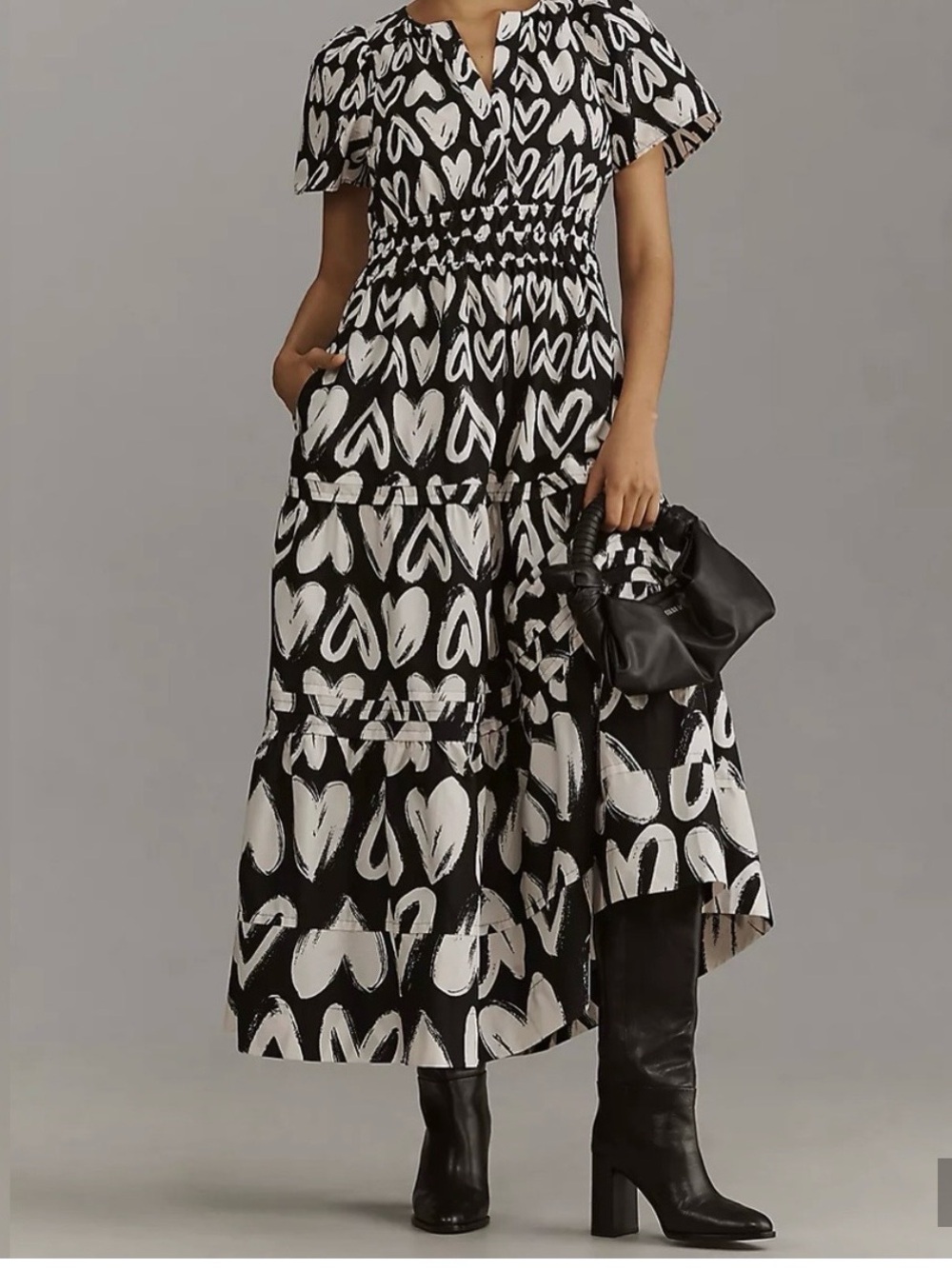 Anthropologie “Somerset” Black and White Heart-Print Tiered Maxi Dress